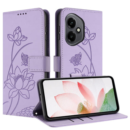 Honor 400 156.5mm Lotus Embossed PU Leather Wallet Phone Case with Card Holder, Cash Pocket, Magnetic Flip Stand Cover, Wrist Lanyard Strap, Shockproof TPU Protective Folio Case - Purple