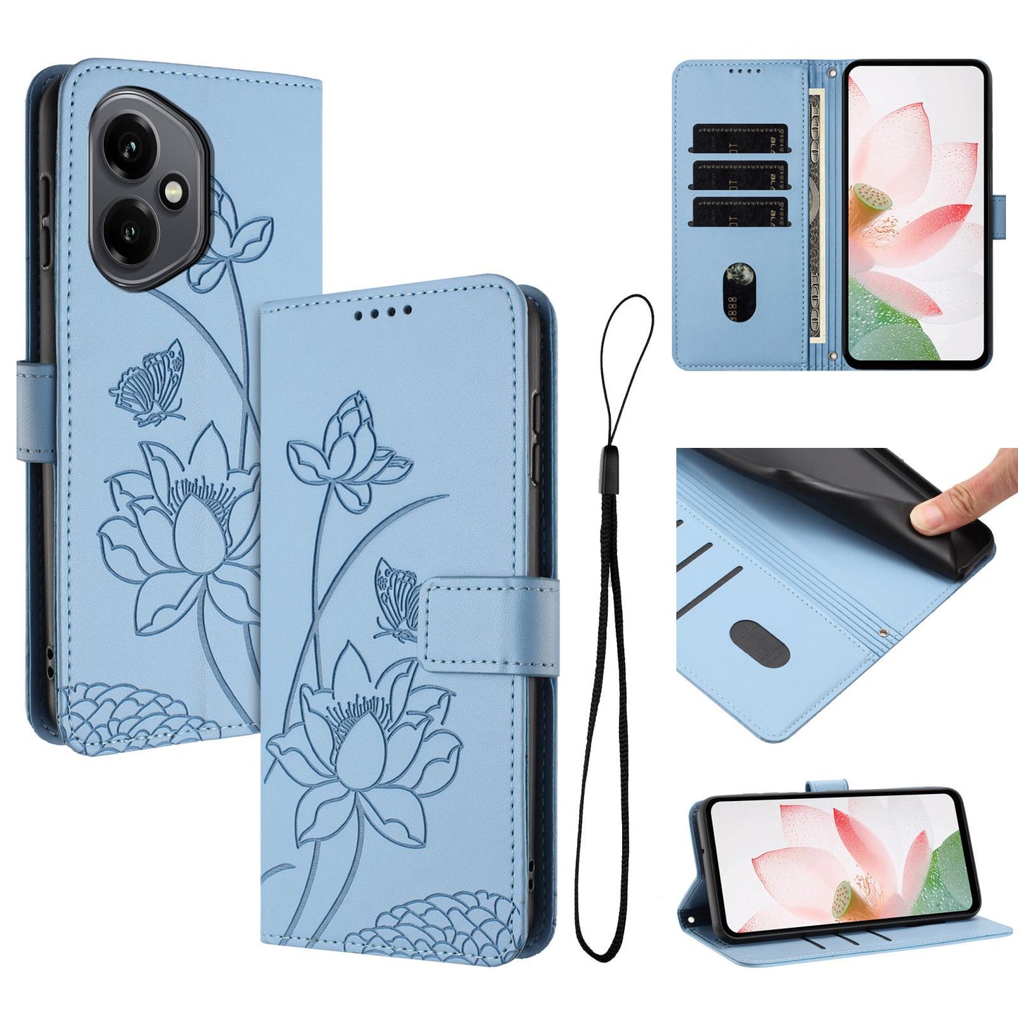 Honor 400 156.5mm Lotus Embossed PU Leather Wallet Phone Case with Card Holder, Cash Pocket, Magnetic Flip Stand Cover, Wrist Lanyard Strap, Shockproof TPU Protective Folio Case - Purple
