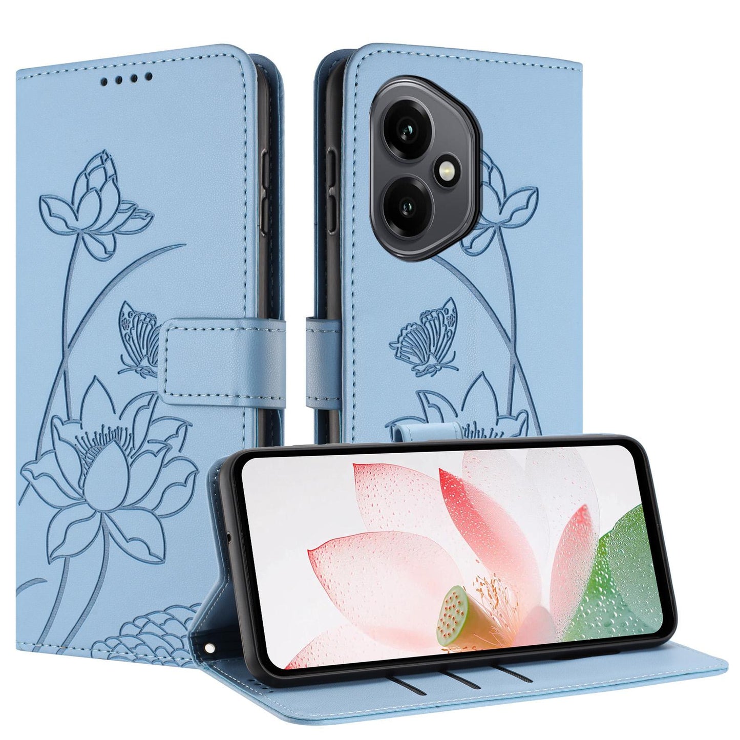 Honor 400 156.5mm Lotus Embossed PU Leather Wallet Phone Case with Card Holder, Cash Pocket, Magnetic Flip Stand Cover, Wrist Lanyard Strap, Shockproof TPU Protective Folio Case - Purple