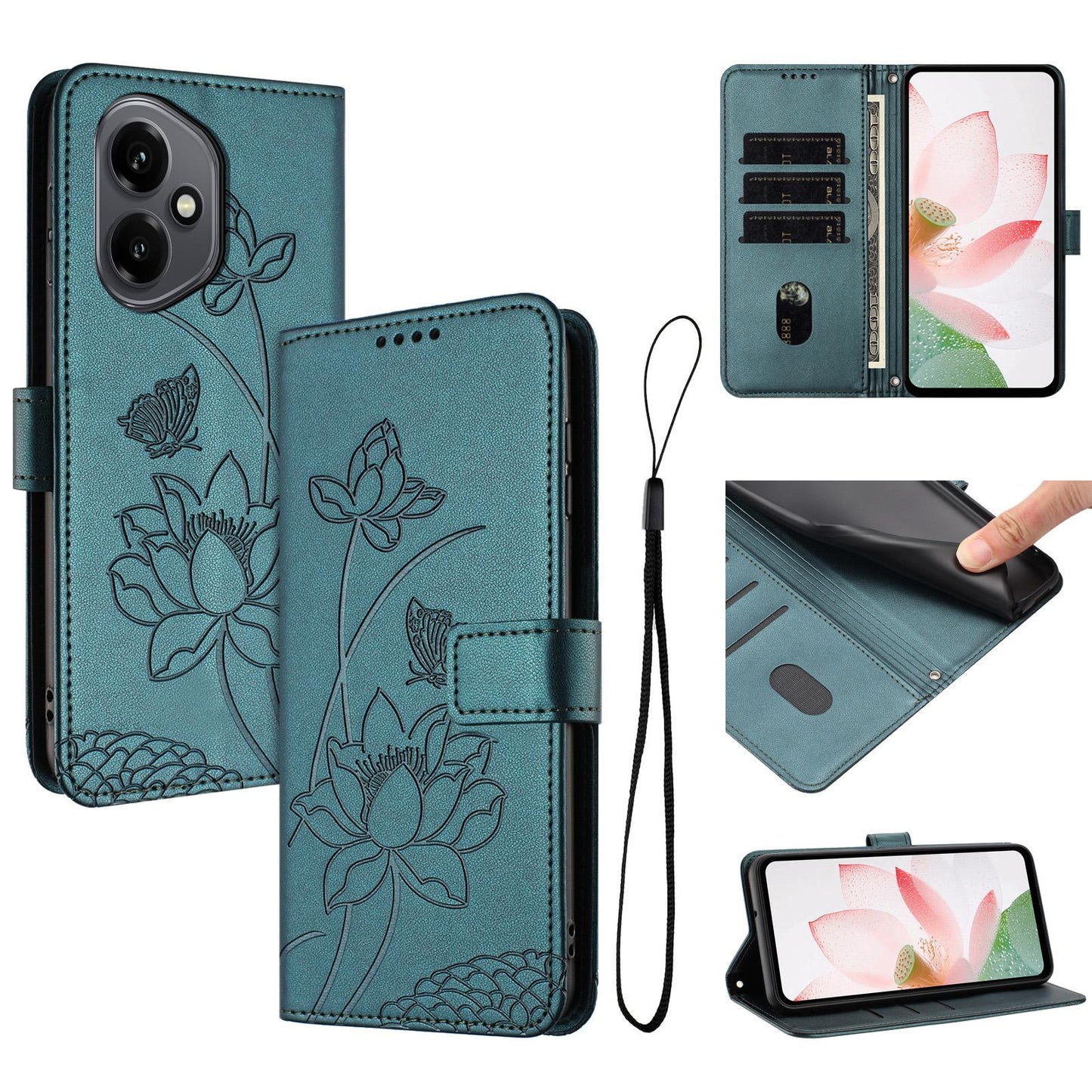 Honor 400 156.5mm Lotus Embossed PU Leather Wallet Phone Case with Card Holder, Cash Pocket, Magnetic Flip Stand Cover, Wrist Lanyard Strap, Shockproof TPU Protective Folio Case - Purple