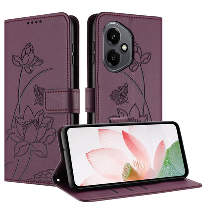 Honor 400 156.5mm Lotus Embossed PU Leather Wallet Phone Case with Card Holder, Cash Pocket, Magnetic Flip Stand Cover, Wrist Lanyard Strap, Shockproof TPU Protective Folio Case - Purple