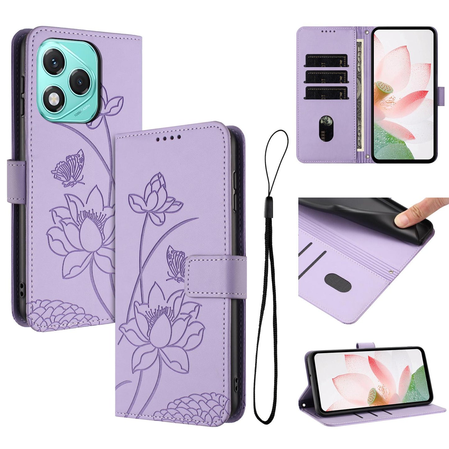 Honor 400 Lite Lotus Embossed PU Leather Wallet Phone Case with Card Holder, Cash Pocket, Magnetic Flip Stand Cover, Wrist Lanyard Strap, Shockproof TPU Protective Folio Case - Purple