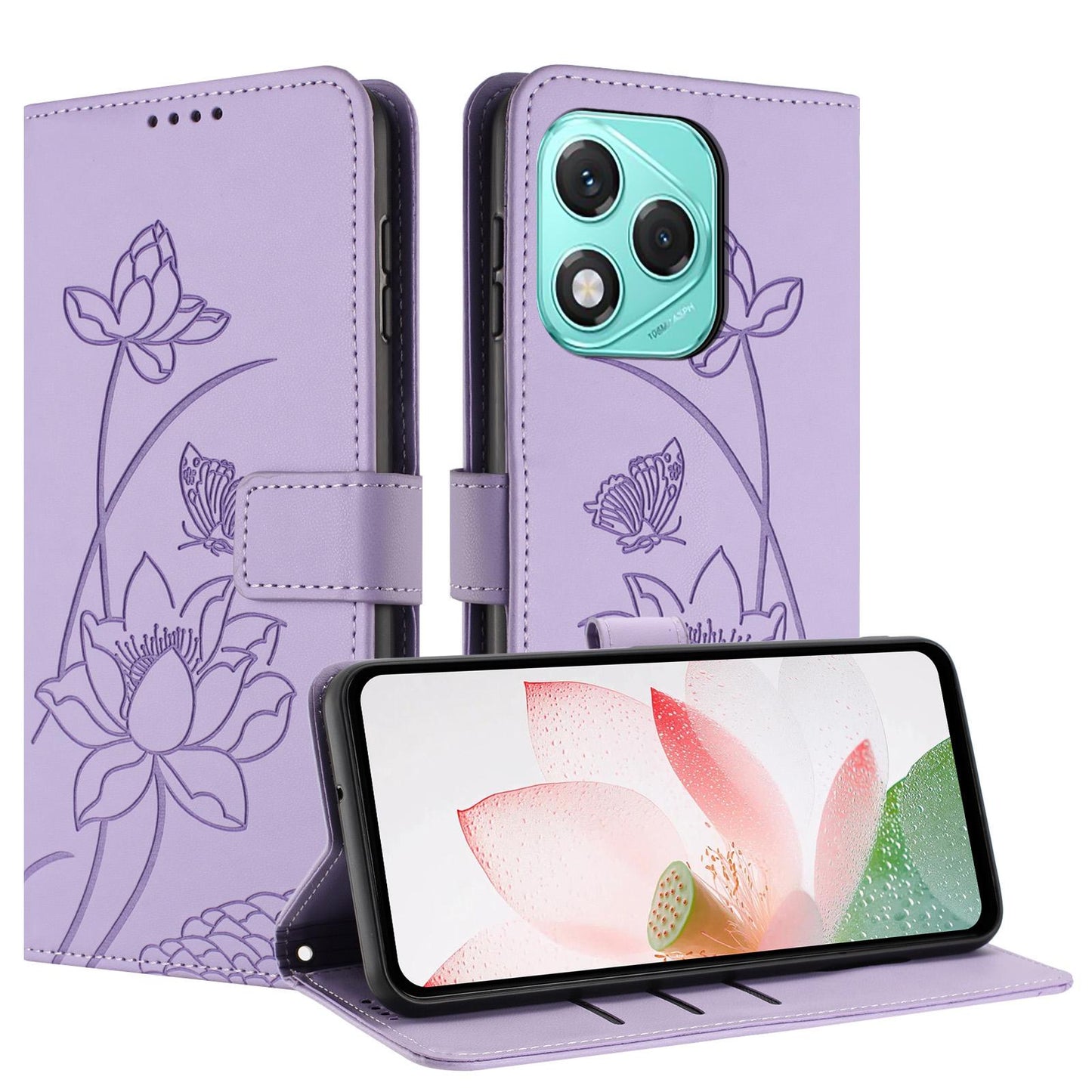 Honor 400 Lite Lotus Embossed PU Leather Wallet Phone Case with Card Holder, Cash Pocket, Magnetic Flip Stand Cover, Wrist Lanyard Strap, Shockproof TPU Protective Folio Case - Purple