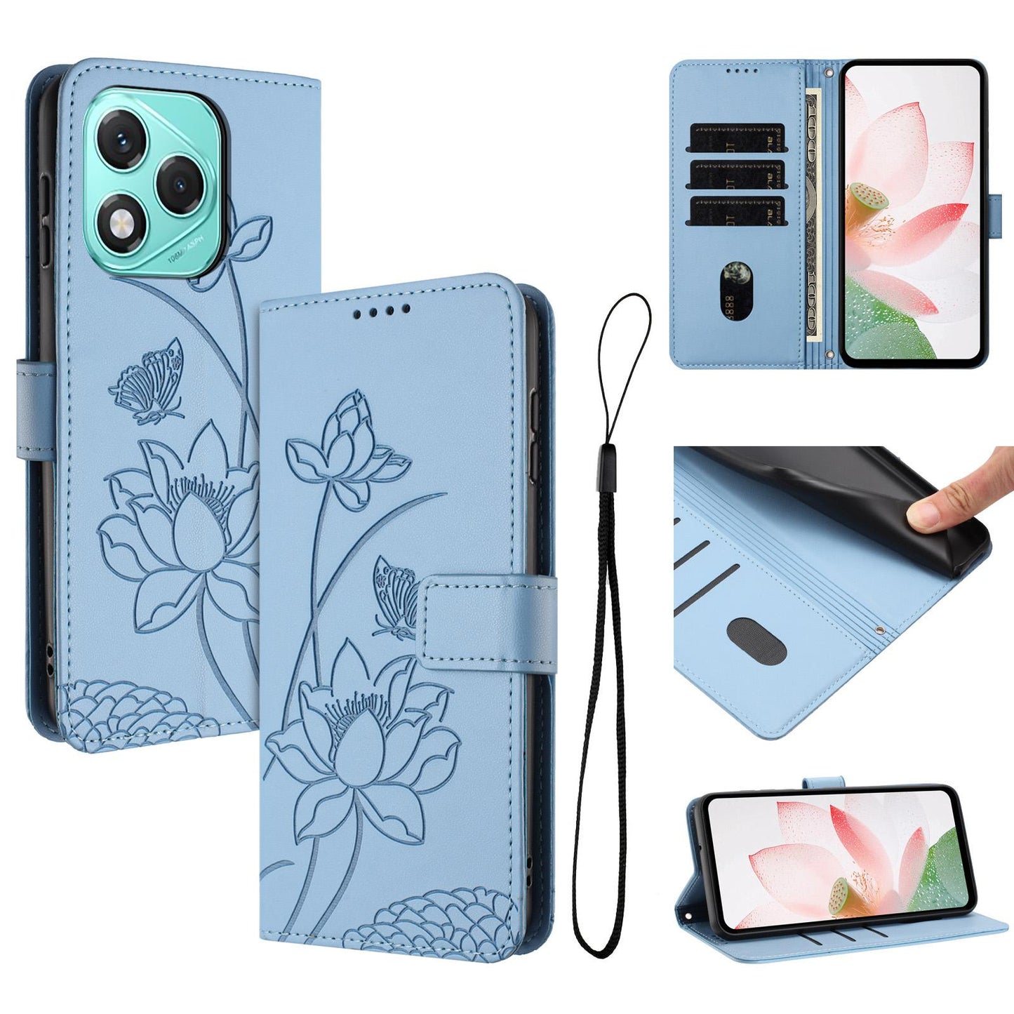 Honor 400 Lite Lotus Embossed PU Leather Wallet Phone Case with Card Holder, Cash Pocket, Magnetic Flip Stand Cover, Wrist Lanyard Strap, Shockproof TPU Protective Folio Case - Purple