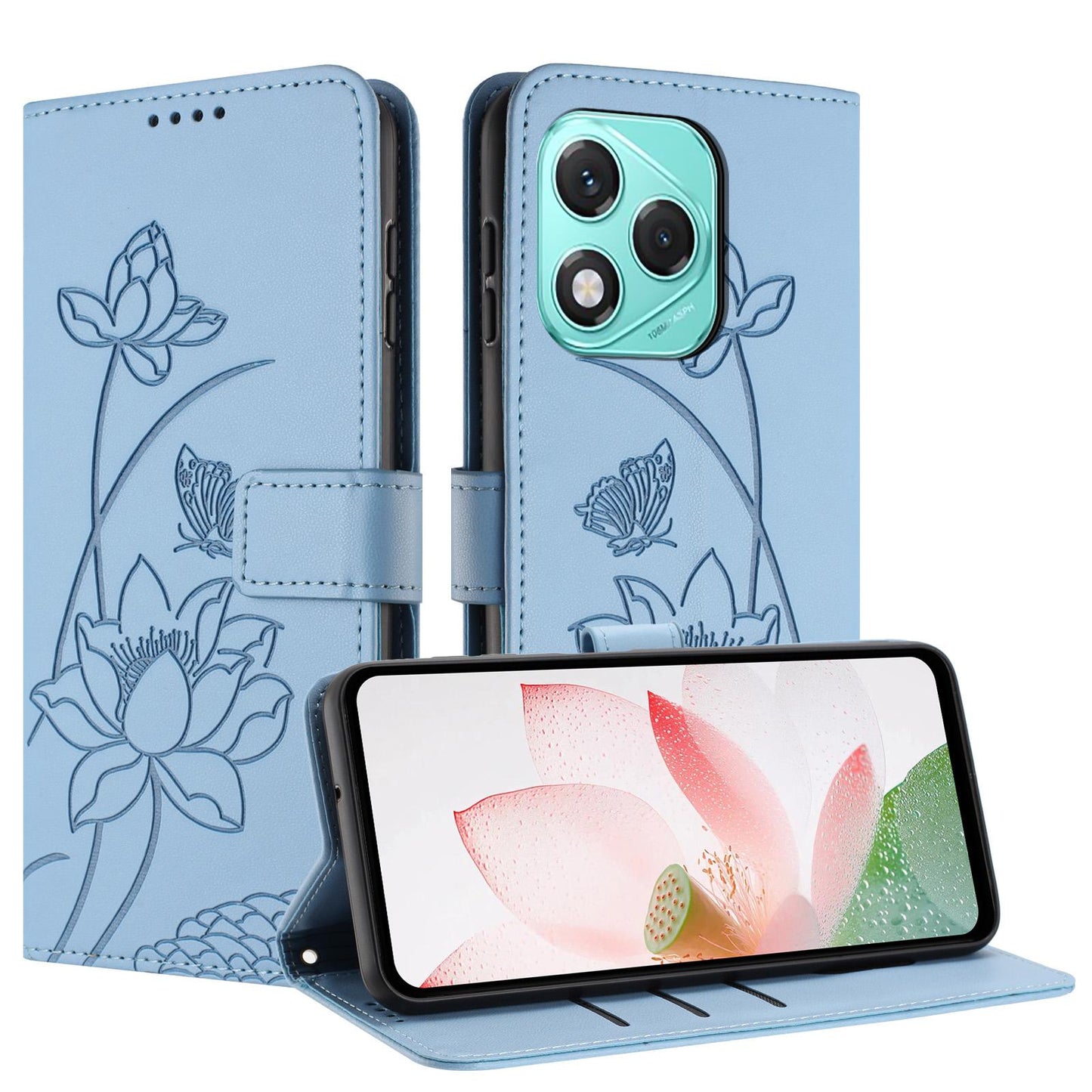 Honor 400 Lite Lotus Embossed PU Leather Wallet Phone Case with Card Holder, Cash Pocket, Magnetic Flip Stand Cover, Wrist Lanyard Strap, Shockproof TPU Protective Folio Case - Purple