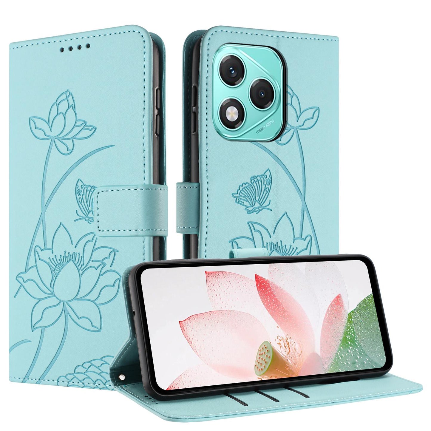 Honor 400 Lite Lotus Embossed PU Leather Wallet Phone Case with Card Holder, Cash Pocket, Magnetic Flip Stand Cover, Wrist Lanyard Strap, Shockproof TPU Protective Folio Case - Purple
