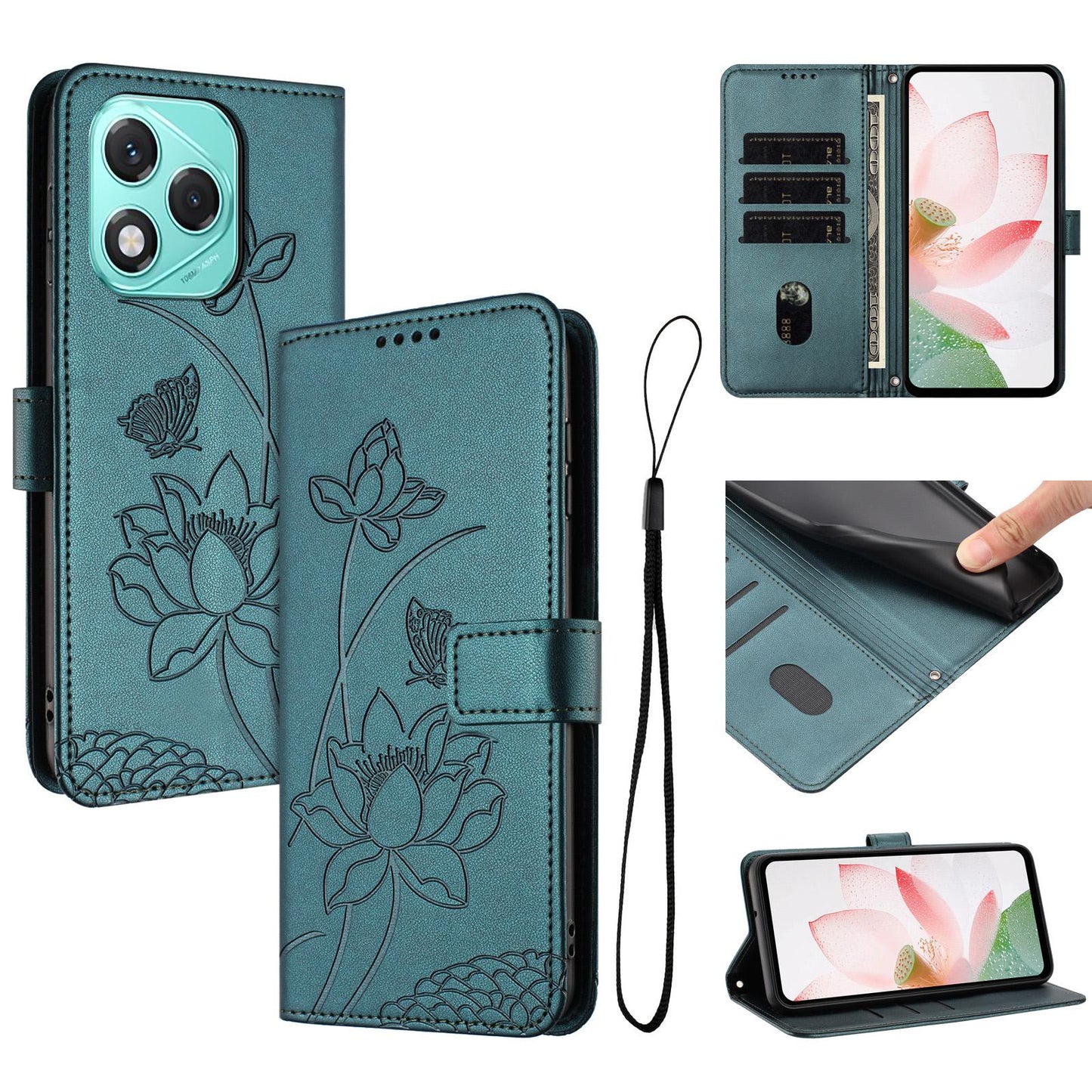 Honor 400 Lite Lotus Embossed PU Leather Wallet Phone Case with Card Holder, Cash Pocket, Magnetic Flip Stand Cover, Wrist Lanyard Strap, Shockproof TPU Protective Folio Case - Purple
