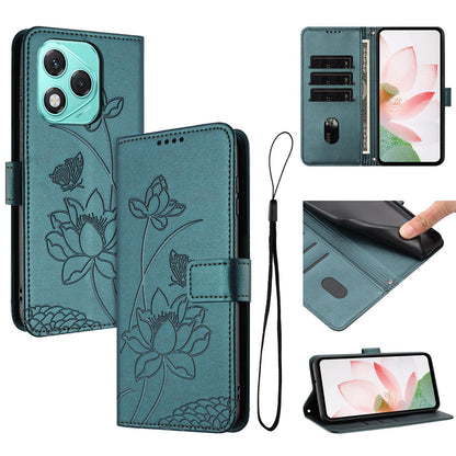 Honor 400 Lite Lotus Embossed PU Leather Wallet Phone Case with Card Holder, Cash Pocket, Magnetic Flip Stand Cover, Wrist Lanyard Strap, Shockproof TPU Protective Folio Case - Purple