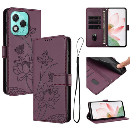 Honor 400 Lite Lotus Embossed PU Leather Wallet Phone Case with Card Holder, Cash Pocket, Magnetic Flip Stand Cover, Wrist Lanyard Strap, Shockproof TPU Protective Folio Case - Purple