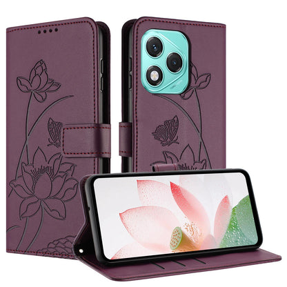 Honor 400 Lite Lotus Embossed PU Leather Wallet Phone Case with Card Holder, Cash Pocket, Magnetic Flip Stand Cover, Wrist Lanyard Strap, Shockproof TPU Protective Folio Case - Purple