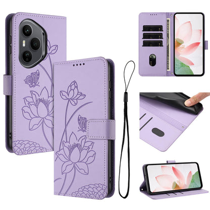 Honor 400 Pro 160.8mm Lotus Embossed PU Leather Wallet Phone Case with Card Holder, Cash Pocket, Magnetic Flip Stand Cover, Wrist Lanyard Strap, Shockproof TPU Protective Folio Case - Purple