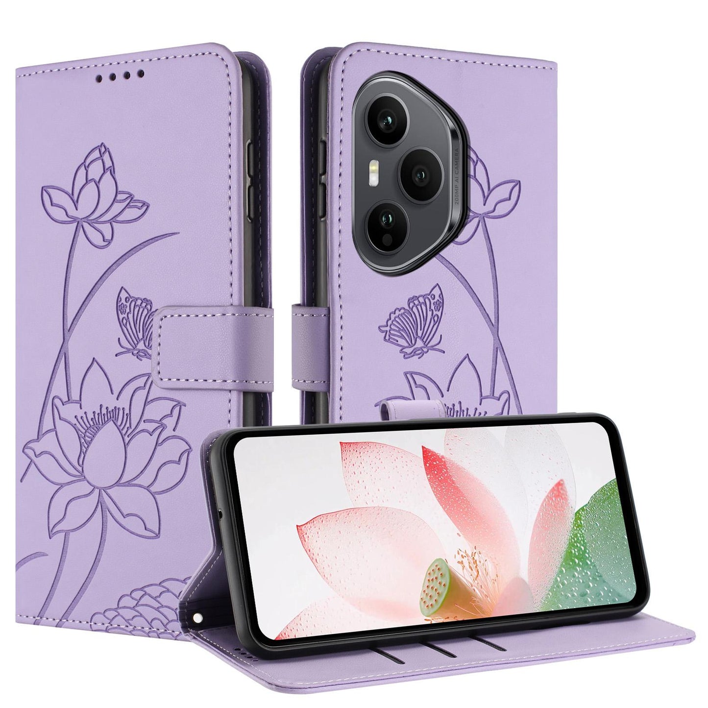 Honor 400 Pro 160.8mm Lotus Embossed PU Leather Wallet Phone Case with Card Holder, Cash Pocket, Magnetic Flip Stand Cover, Wrist Lanyard Strap, Shockproof TPU Protective Folio Case - Purple