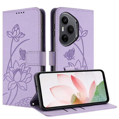 Honor 400 Pro 160.8mm Lotus Embossed PU Leather Wallet Phone Case with Card Holder, Cash Pocket, Magnetic Flip Stand Cover, Wrist Lanyard Strap, Shockproof TPU Protective Folio Case - Purple