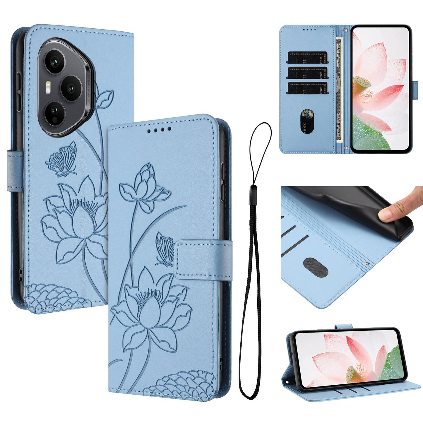 Honor 400 Pro 160.8mm Lotus Embossed PU Leather Wallet Phone Case with Card Holder, Cash Pocket, Magnetic Flip Stand Cover, Wrist Lanyard Strap, Shockproof TPU Protective Folio Case - Purple