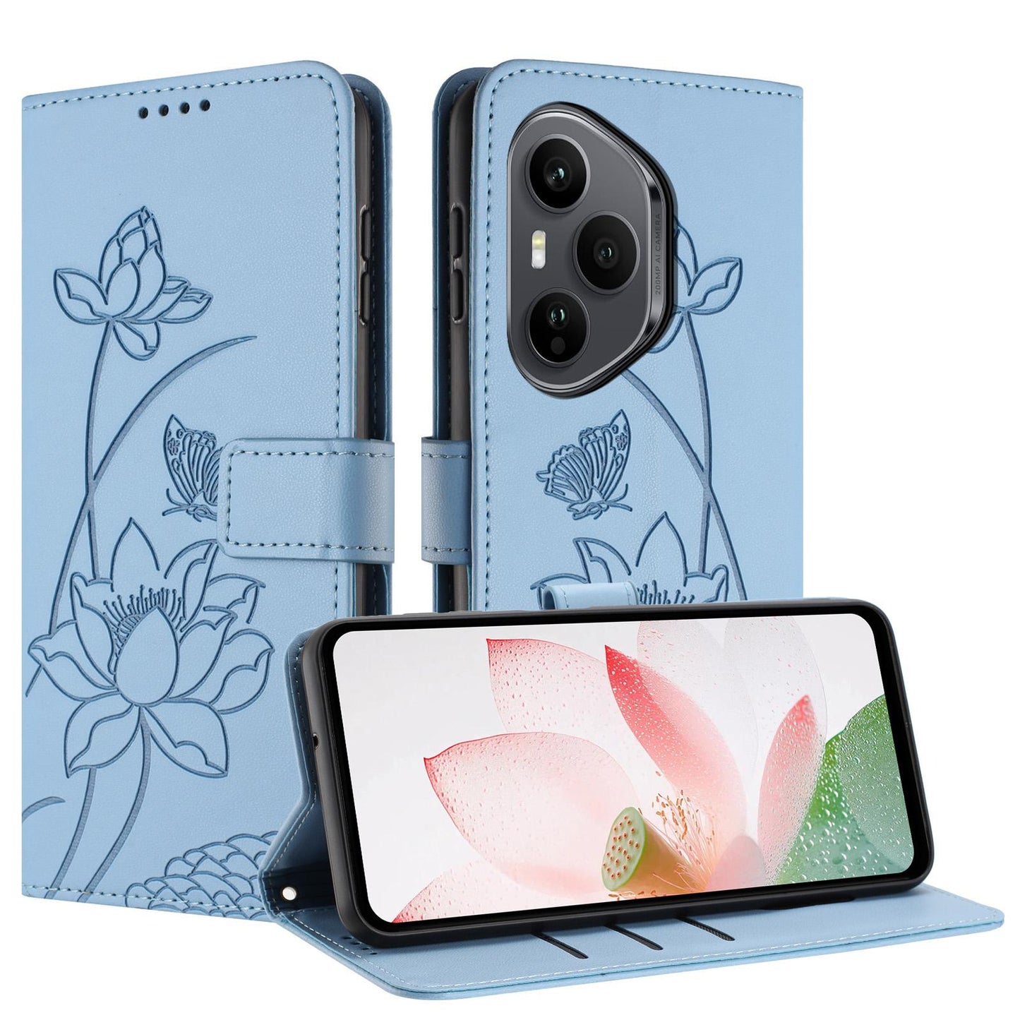 Honor 400 Pro 160.8mm Lotus Embossed PU Leather Wallet Phone Case with Card Holder, Cash Pocket, Magnetic Flip Stand Cover, Wrist Lanyard Strap, Shockproof TPU Protective Folio Case - Purple
