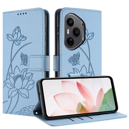 Honor 400 Pro 160.8mm Lotus Embossed PU Leather Wallet Phone Case with Card Holder, Cash Pocket, Magnetic Flip Stand Cover, Wrist Lanyard Strap, Shockproof TPU Protective Folio Case - Purple