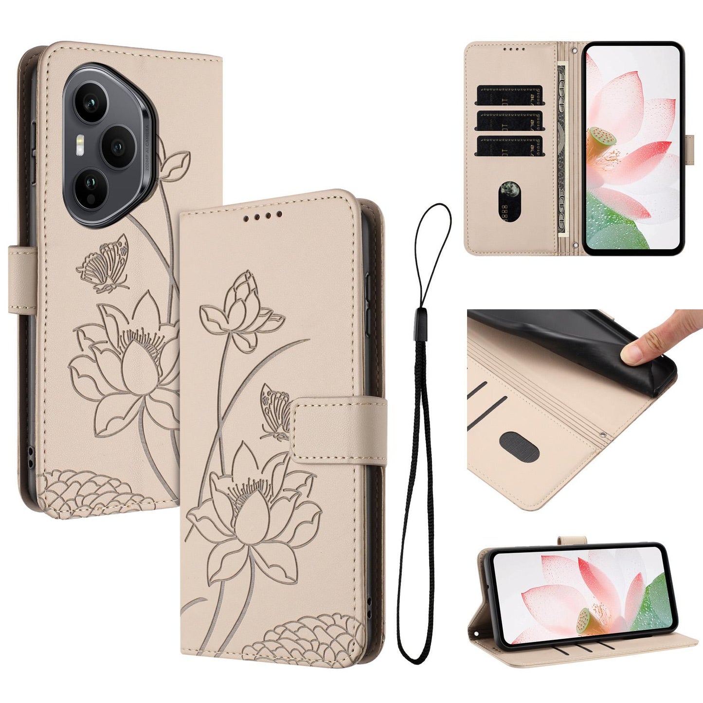 Honor 400 Pro 160.8mm Lotus Embossed PU Leather Wallet Phone Case with Card Holder, Cash Pocket, Magnetic Flip Stand Cover, Wrist Lanyard Strap, Shockproof TPU Protective Folio Case - Purple