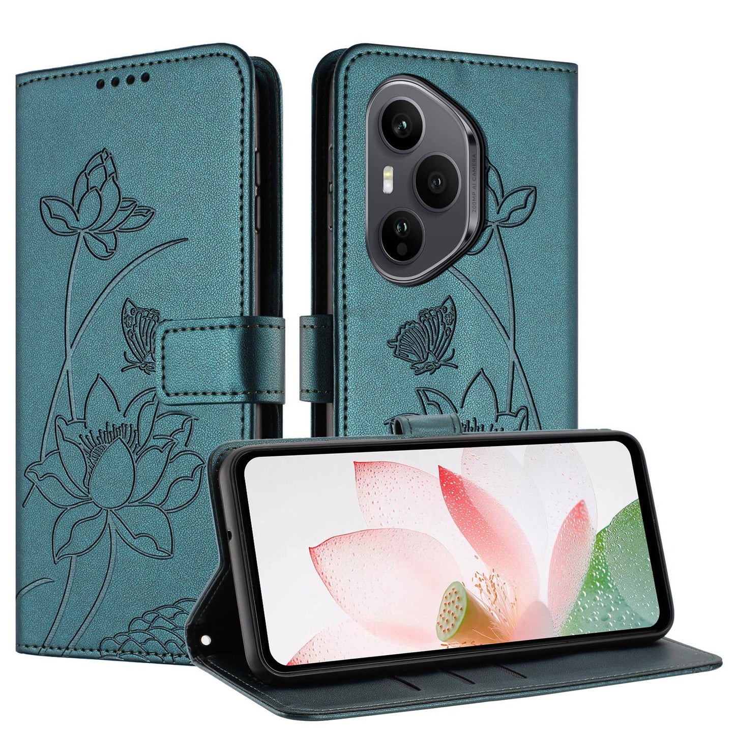 Honor 400 Pro 160.8mm Lotus Embossed PU Leather Wallet Phone Case with Card Holder, Cash Pocket, Magnetic Flip Stand Cover, Wrist Lanyard Strap, Shockproof TPU Protective Folio Case - Purple