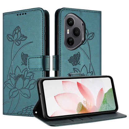 Honor 400 Pro 160.8mm Lotus Embossed PU Leather Wallet Phone Case with Card Holder, Cash Pocket, Magnetic Flip Stand Cover, Wrist Lanyard Strap, Shockproof TPU Protective Folio Case - Purple