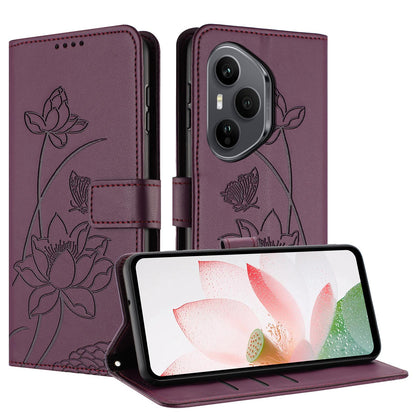 Honor 400 Pro 160.8mm Lotus Embossed PU Leather Wallet Phone Case with Card Holder, Cash Pocket, Magnetic Flip Stand Cover, Wrist Lanyard Strap, Shockproof TPU Protective Folio Case - Purple