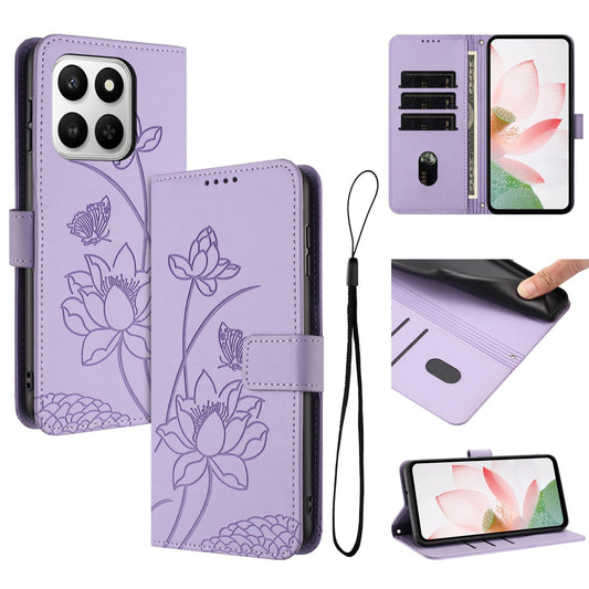 Honor 400 Smart Lotus Embossed PU Leather Wallet Phone Case with Card Holder, Cash Pocket, Magnetic Flip Stand Cover, Wrist Lanyard Strap, Shockproof TPU Protective Folio Case - Purple
