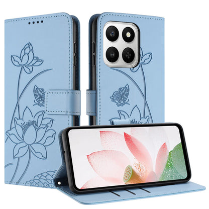 Honor 400 Smart Lotus Embossed PU Leather Wallet Phone Case with Card Holder, Cash Pocket, Magnetic Flip Stand Cover, Wrist Lanyard Strap, Shockproof TPU Protective Folio Case - Purple