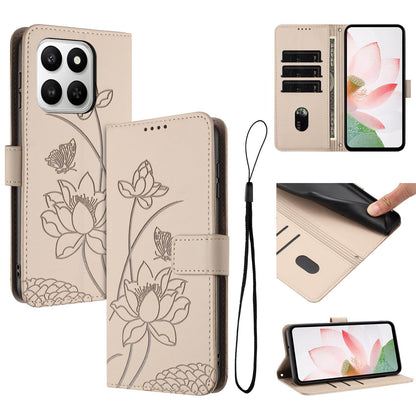 Honor 400 Smart Lotus Embossed PU Leather Wallet Phone Case with Card Holder, Cash Pocket, Magnetic Flip Stand Cover, Wrist Lanyard Strap, Shockproof TPU Protective Folio Case - Purple