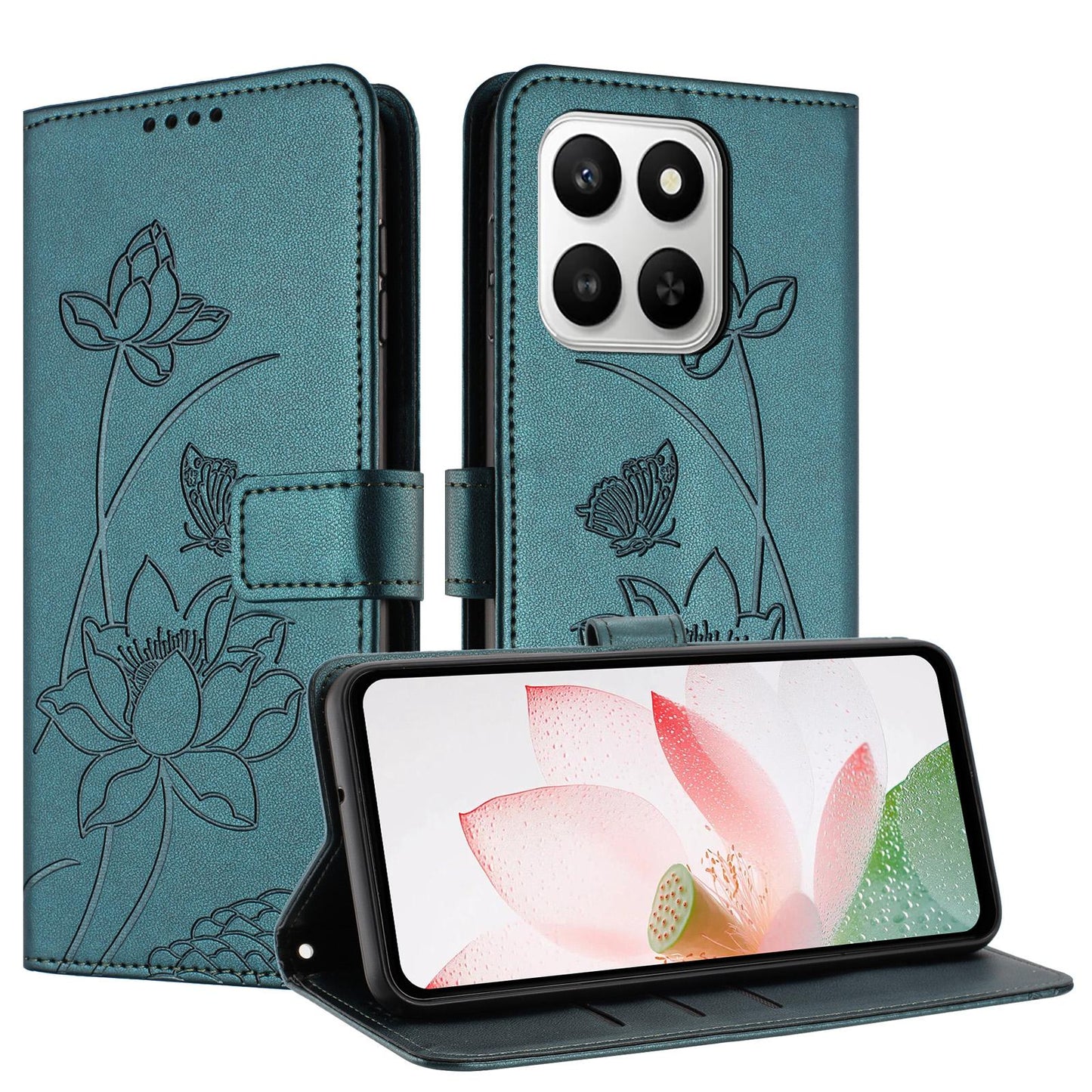 Honor 400 Smart Lotus Embossed PU Leather Wallet Phone Case with Card Holder, Cash Pocket, Magnetic Flip Stand Cover, Wrist Lanyard Strap, Shockproof TPU Protective Folio Case - Purple
