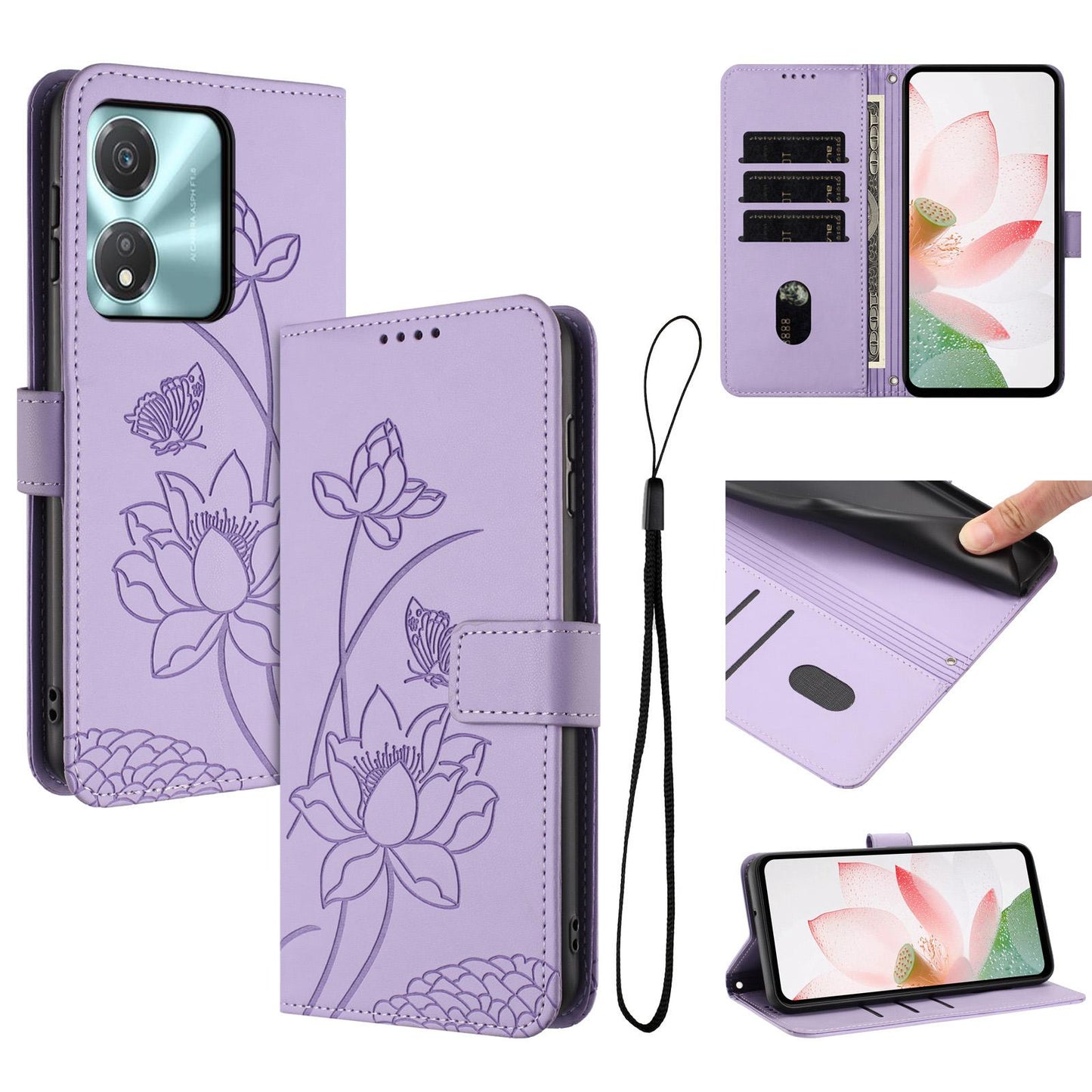 Honor X5c Plus Lotus Embossed PU Leather Wallet Phone Case with Card Holder, Cash Pocket, Magnetic Flip Stand Cover, Wrist Lanyard Strap, Shockproof TPU Protective Folio Case - Purple