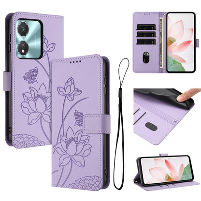 Honor X5c Plus Lotus Embossed PU Leather Wallet Phone Case with Card Holder, Cash Pocket, Magnetic Flip Stand Cover, Wrist Lanyard Strap, Shockproof TPU Protective Folio Case - Purple