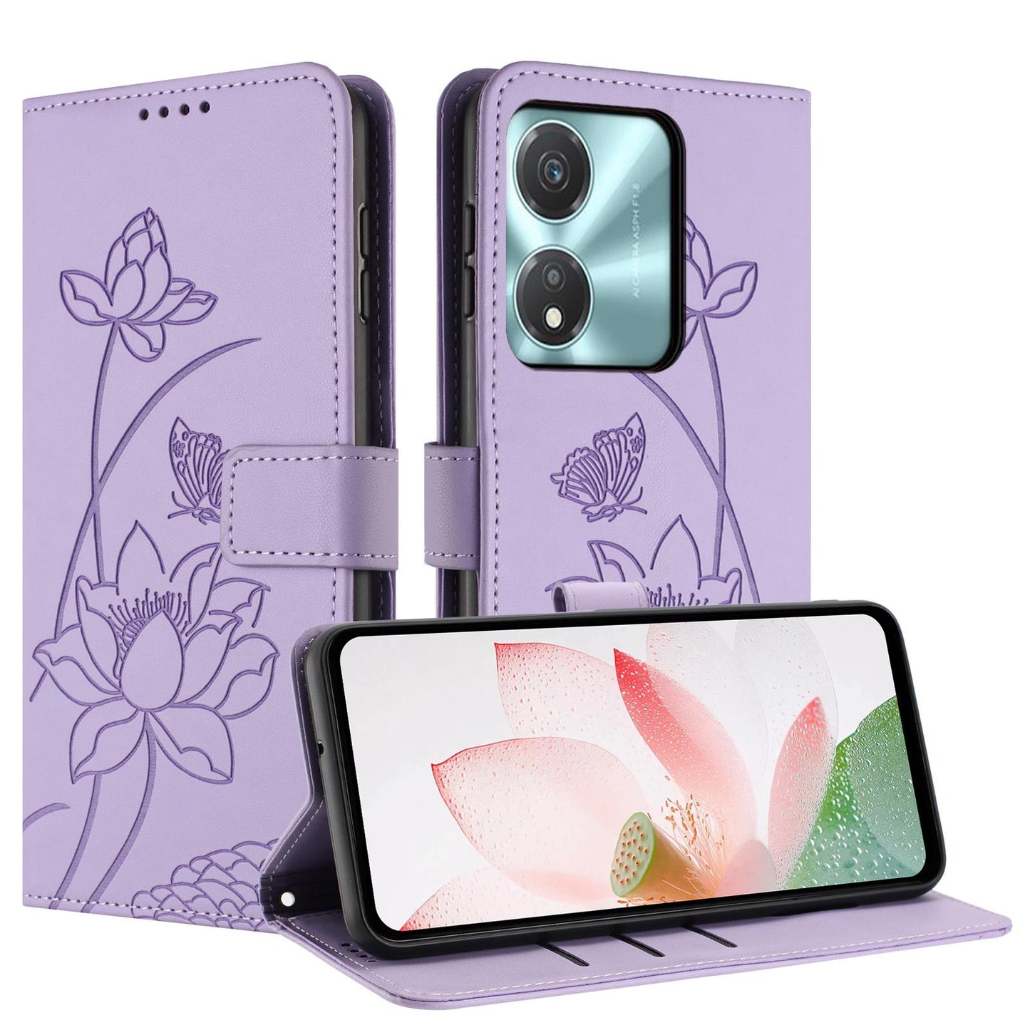 Honor X5c Plus Lotus Embossed PU Leather Wallet Phone Case with Card Holder, Cash Pocket, Magnetic Flip Stand Cover, Wrist Lanyard Strap, Shockproof TPU Protective Folio Case - Purple