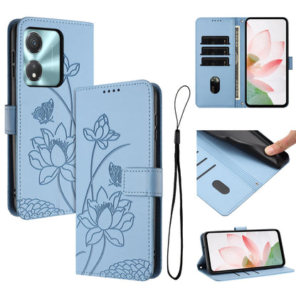 Honor X5c Plus Lotus Embossed PU Leather Wallet Phone Case with Card Holder, Cash Pocket, Magnetic Flip Stand Cover, Wrist Lanyard Strap, Shockproof TPU Protective Folio Case - Purple