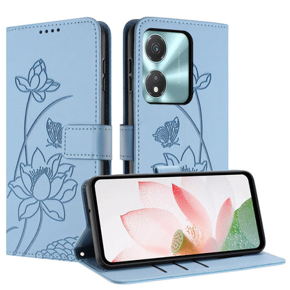 Honor X5c Plus Lotus Embossed PU Leather Wallet Phone Case with Card Holder, Cash Pocket, Magnetic Flip Stand Cover, Wrist Lanyard Strap, Shockproof TPU Protective Folio Case - Purple
