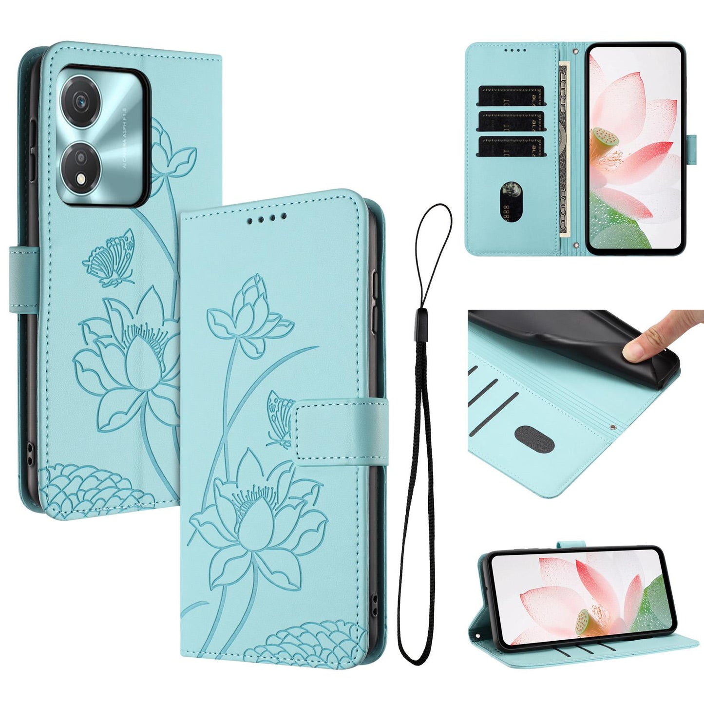 Honor X5c Plus Lotus Embossed PU Leather Wallet Phone Case with Card Holder, Cash Pocket, Magnetic Flip Stand Cover, Wrist Lanyard Strap, Shockproof TPU Protective Folio Case - Purple