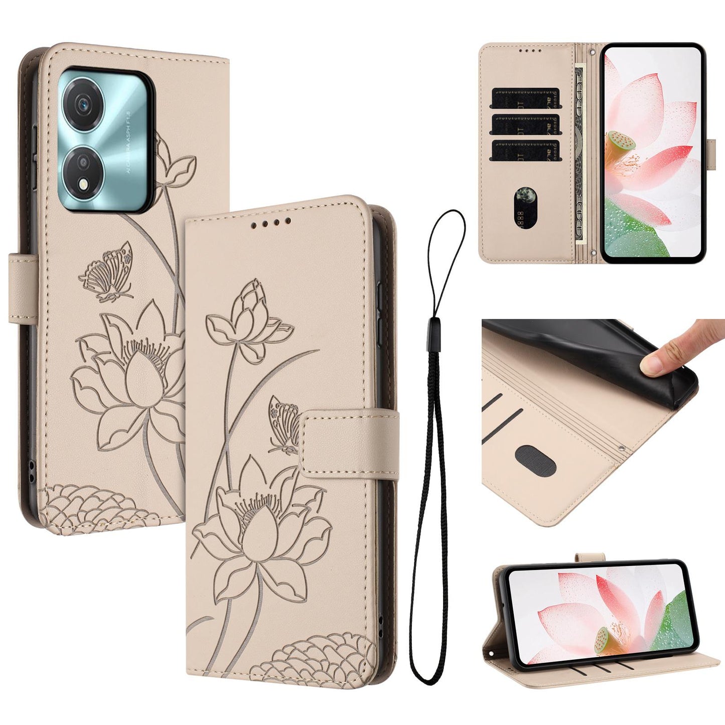 Honor X5c Plus Lotus Embossed PU Leather Wallet Phone Case with Card Holder, Cash Pocket, Magnetic Flip Stand Cover, Wrist Lanyard Strap, Shockproof TPU Protective Folio Case - Purple