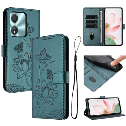 Honor X5c Plus Lotus Embossed PU Leather Wallet Phone Case with Card Holder, Cash Pocket, Magnetic Flip Stand Cover, Wrist Lanyard Strap, Shockproof TPU Protective Folio Case - Purple