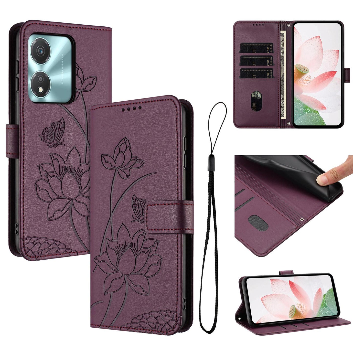 Honor X5c Plus Lotus Embossed PU Leather Wallet Phone Case with Card Holder, Cash Pocket, Magnetic Flip Stand Cover, Wrist Lanyard Strap, Shockproof TPU Protective Folio Case - Purple