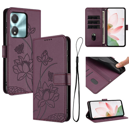 Honor X5c Plus Lotus Embossed PU Leather Wallet Phone Case with Card Holder, Cash Pocket, Magnetic Flip Stand Cover, Wrist Lanyard Strap, Shockproof TPU Protective Folio Case - Purple