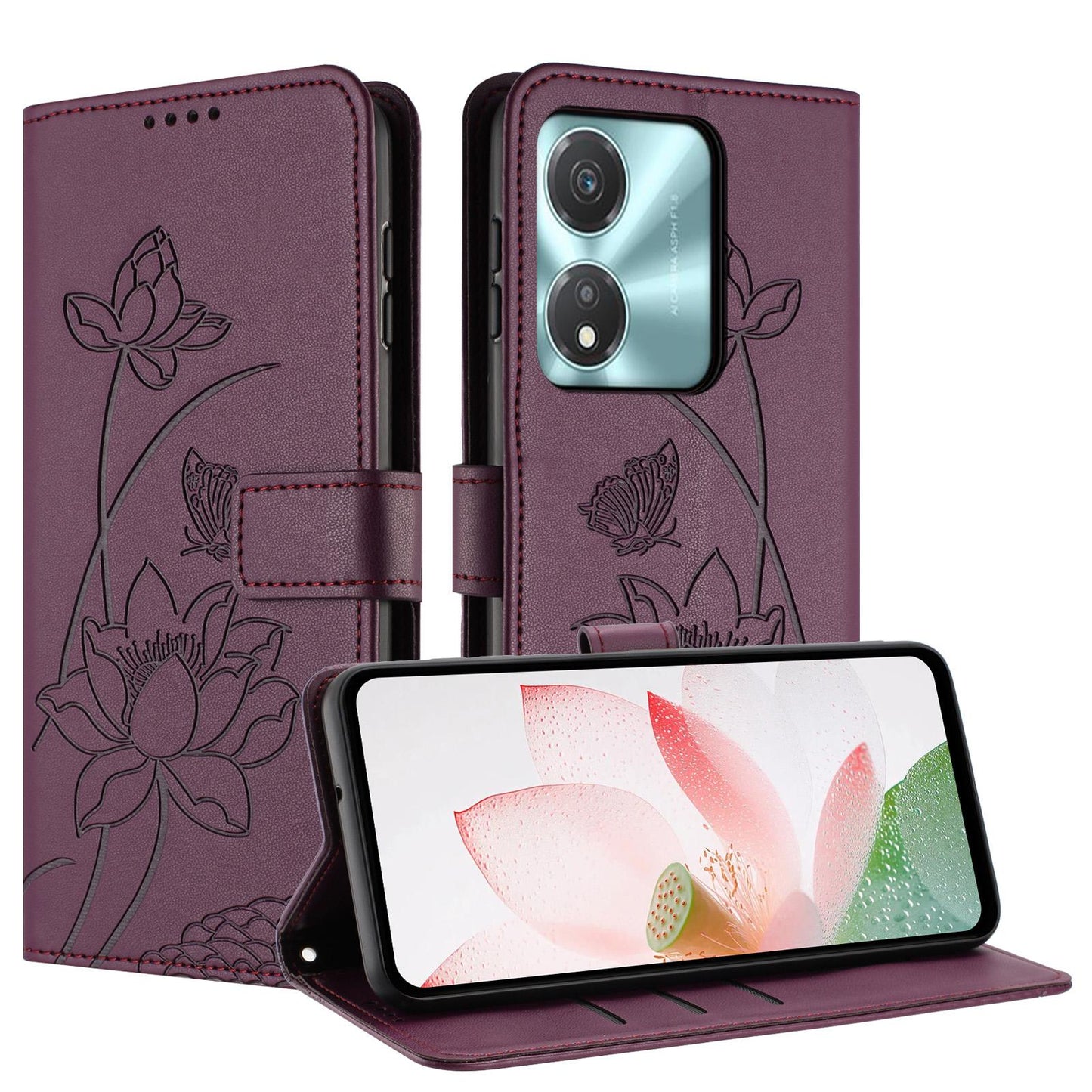 Honor X5c Plus Lotus Embossed PU Leather Wallet Phone Case with Card Holder, Cash Pocket, Magnetic Flip Stand Cover, Wrist Lanyard Strap, Shockproof TPU Protective Folio Case - Purple