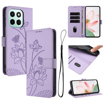 Honor X6c 4G Lotus Embossed PU Leather Wallet Phone Case with Card Holder, Cash Pocket, Magnetic Flip Stand Cover, Wrist Lanyard Strap, Shockproof TPU Protective Folio Case - Purple