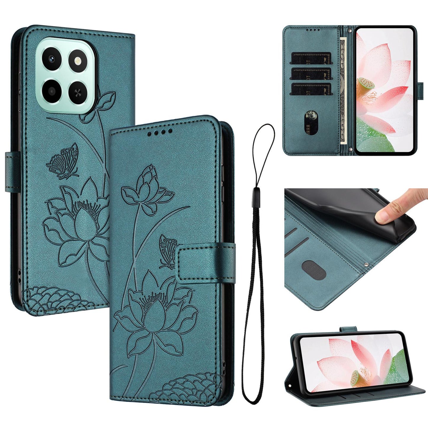 Honor X6c 4G Lotus Embossed PU Leather Wallet Phone Case with Card Holder, Cash Pocket, Magnetic Flip Stand Cover, Wrist Lanyard Strap, Shockproof TPU Protective Folio Case - Purple