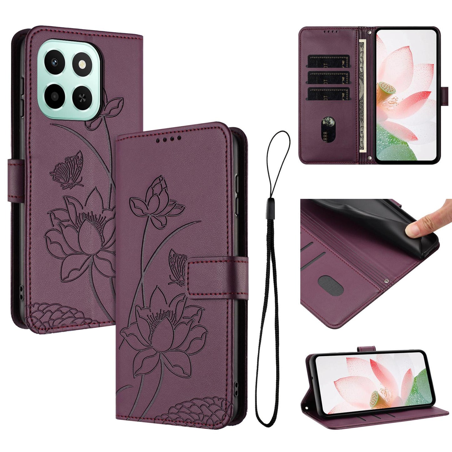 Honor X6c 4G Lotus Embossed PU Leather Wallet Phone Case with Card Holder, Cash Pocket, Magnetic Flip Stand Cover, Wrist Lanyard Strap, Shockproof TPU Protective Folio Case - Purple