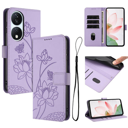 Honor X7b 4G Lotus Embossed PU Leather Wallet Phone Case with Card Holder, Cash Pocket, Magnetic Flip Stand Cover, Wrist Lanyard Strap, Shockproof TPU Protective Folio Case - Purple