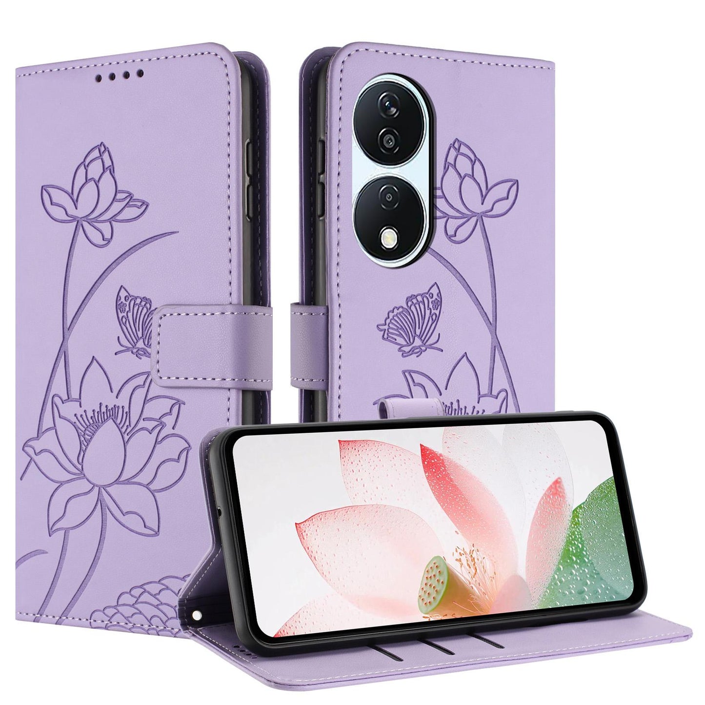 Honor X7b 5G Lotus Embossed PU Leather Wallet Phone Case with Card Holder, Cash Pocket, Magnetic Flip Stand Cover, Wrist Lanyard Strap, Shockproof TPU Protective Folio Case - Purple