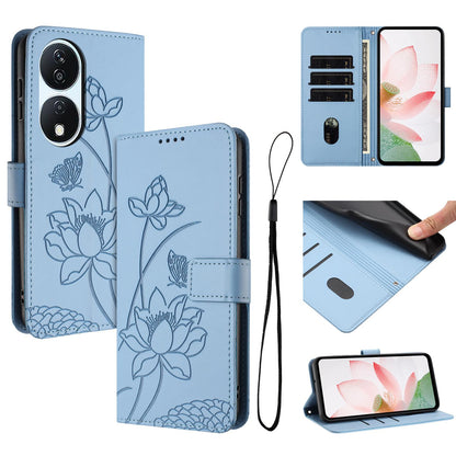 Honor X7b 5G Lotus Embossed PU Leather Wallet Phone Case with Card Holder, Cash Pocket, Magnetic Flip Stand Cover, Wrist Lanyard Strap, Shockproof TPU Protective Folio Case - Purple
