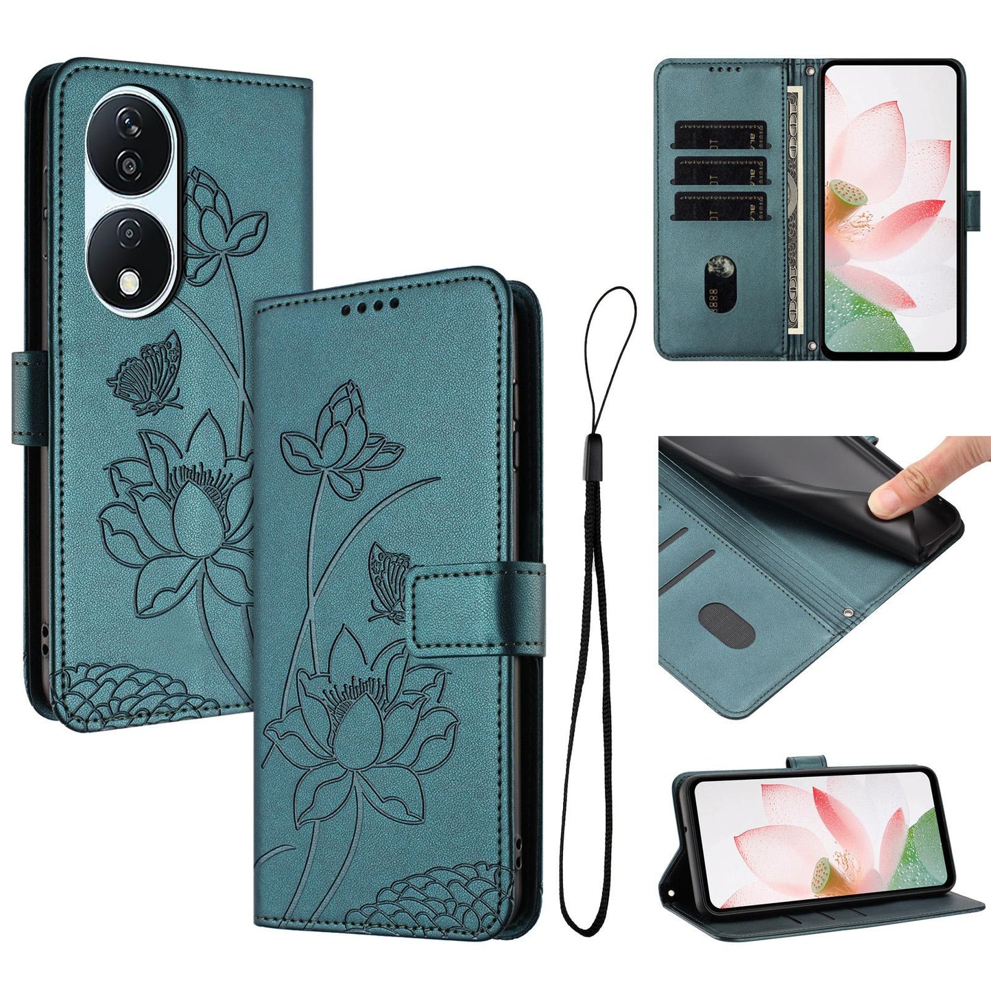 Honor X7b 4G Lotus Embossed PU Leather Wallet Phone Case with Card Holder, Cash Pocket, Magnetic Flip Stand Cover, Wrist Lanyard Strap, Shockproof TPU Protective Folio Case - Purple