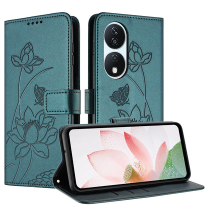 Honor X7b 4G Lotus Embossed PU Leather Wallet Phone Case with Card Holder, Cash Pocket, Magnetic Flip Stand Cover, Wrist Lanyard Strap, Shockproof TPU Protective Folio Case - Purple