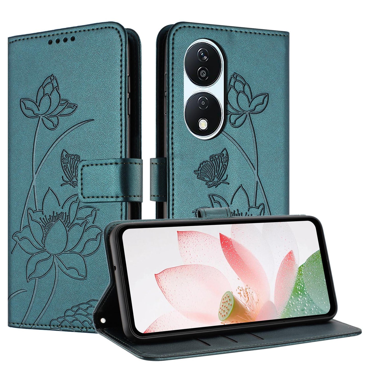 Honor X7b 5G Lotus Embossed PU Leather Wallet Phone Case with Card Holder, Cash Pocket, Magnetic Flip Stand Cover, Wrist Lanyard Strap, Shockproof TPU Protective Folio Case - Purple