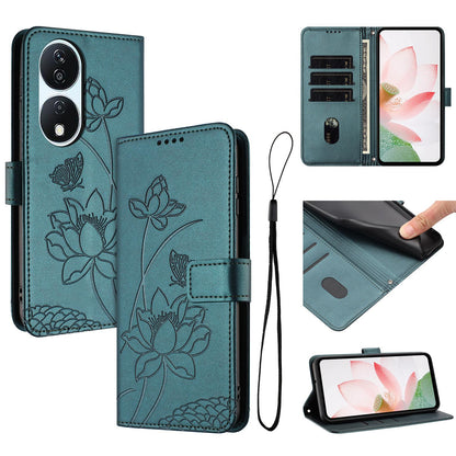 Honor X7b 5G Lotus Embossed PU Leather Wallet Phone Case with Card Holder, Cash Pocket, Magnetic Flip Stand Cover, Wrist Lanyard Strap, Shockproof TPU Protective Folio Case - Purple