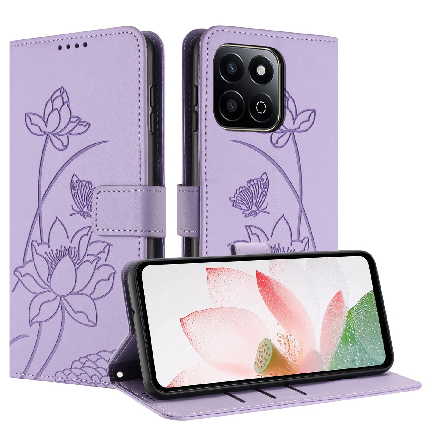 Honor 200 Smart 5G Lotus Embossed PU Leather Wallet Phone Case with Card Holder, Cash Pocket, Magnetic Flip Stand Cover, Wrist Lanyard Strap, Shockproof TPU Protective Folio Case - Purple